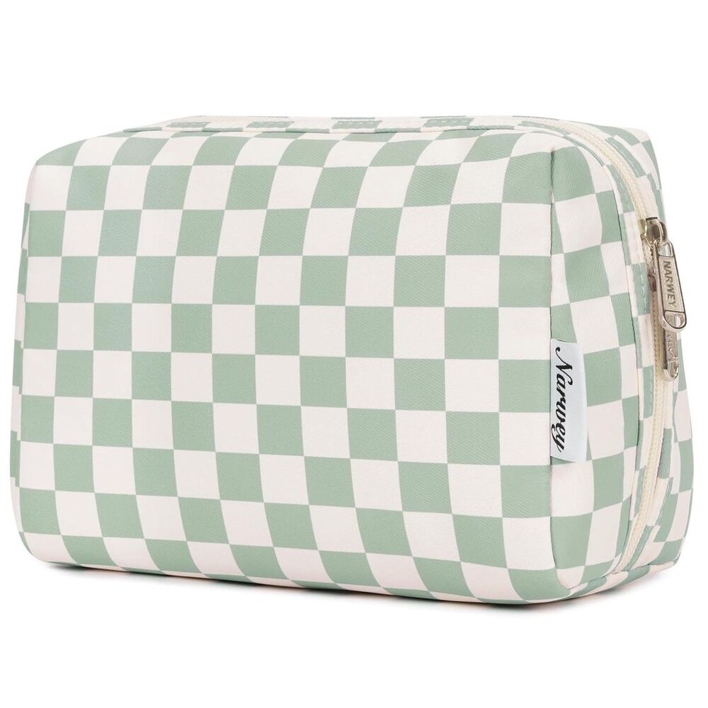 Narwey Makeup Bag Travel Toiletry Bag, Cosmetic Bag- Large Mint Green Checkered